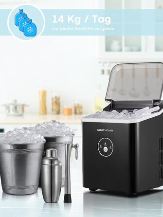 Переможець тесту льодогенератора 2024 року, 14 кг за 24 години, 9 кубиків льоду за 6-8 хвилин, тиха робота, льодогенератор потужністю 120 Вт з ложкою та кошиком, маленький льодогенератор для дому та офісу (чорний)
