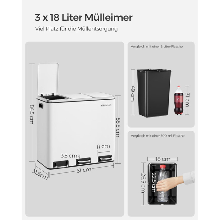 Кухонний контейнер для сміття SONGMICS, 3 x 18 л, система розділення сміття, 3 відділення, включаючи 15 мішків для сміття, відро для сміття, відро для сміття з педаллю, для вторинної переробки, органічні відходи, з кришкою, LTB54BK (білий хмара)