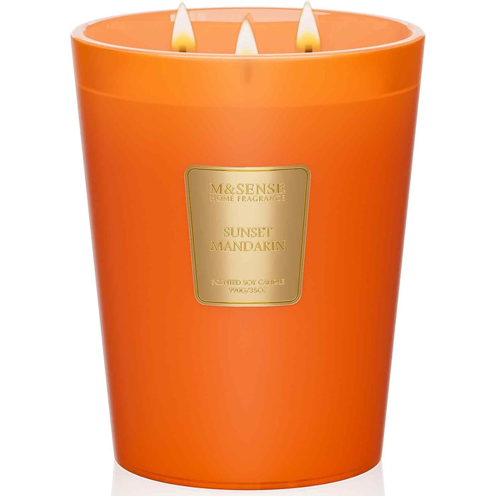 Ароматична свічка M&SENSE надзвичайно велика, час горіння 150 годин, натуральна ароматерапевтична свічка з 3 гнітами, сильний аромат, тривале горіння, подарункова свічка та прикраса для дому, подарунки для жінок (990 г, мандариновий колір)