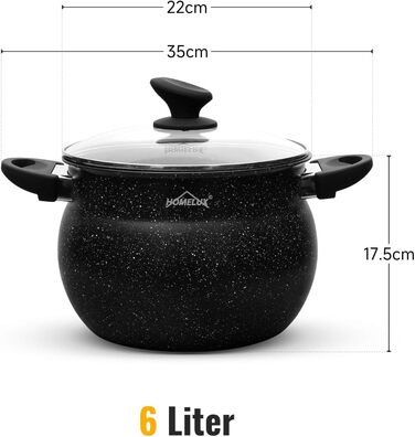 Індукційна каструля Homelux pot 24 см зі скляною кришкою, антипригарним покриттям, алюмінієві каструлі об&39ємом 8 л для всіх типів плит (H-C24) (22 см-6 л)