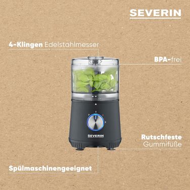 Компактний мультиподрібнювач SEVERIN, універсальний подрібнювач для грубого та дрібного подрібнення, кухонний комбайн з широким набором аксесуарів, матова нержавіюча сталь / чорний, KM 3865