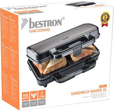 Бутербродница Bestron XL, тостер для 2 бутербродов с антипригарным покрытием на 2 бутерброда, вкл. автоматический контроль температуры и индикатор готовности, 900 Вт, цвет черный/ (серый титан)