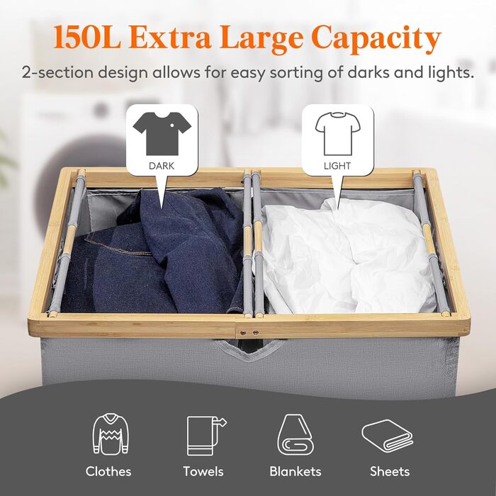 Двойная корзина для белья с крышкой, очень большая бамбуковая корзина для белья, корзина для грязной одежды (серая), 150L
