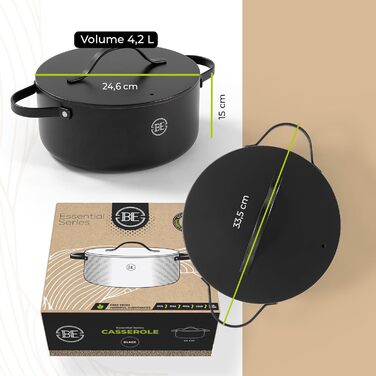 Каструля Be Living Essential з кришкою Ø 28 см з кришкою, антипригарна кераміка, для індукції, без PTFE та PFOA, (4 літри, чорна)