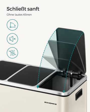 Кухонний кошик для сміття, 3 x 18 л, система розділення сміття, 3 відділення, включаючи 15 мішків для сміття, відро для сміття, відро для сміття на педалі, для перероблених відходів, органічних відходів, з кришкою, LTB54BK (пісочно-бежевий)