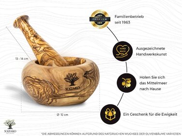 Оливковая ступка и набор пестиков - Ступка - Деревянная ступка - Экологичная ступка для трав и специй Ø Диаметр около 12 см Круглый Ø 12 см