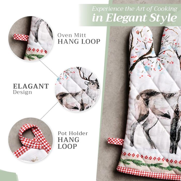 Рукавички для духовки, прихватки для каструль Maison d&39 Hermine, 100 бавовна, термостійкі кухонні рукавички, рукавички для духовки (19 x 33 см) та прихватки для каструль (20 x 20 см) для приготування їжі, Морзін - Рукавички для духовки (19 x 33 см) та п