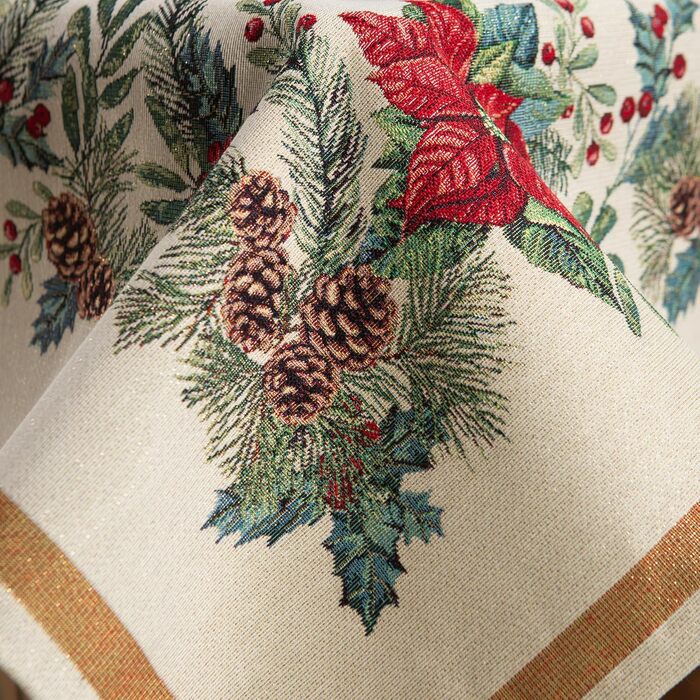 Різдвяна гобеленова скатертина Home of Christmas Скатертина на Різдво та Новий рік (Пуансетія з шишками (блискуча), 140x180 см)