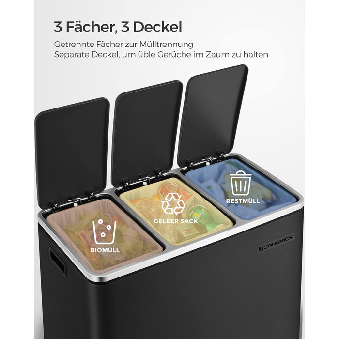 Кухонний контейнери для сміття, 3 x 18 л, чорний SONGMICS