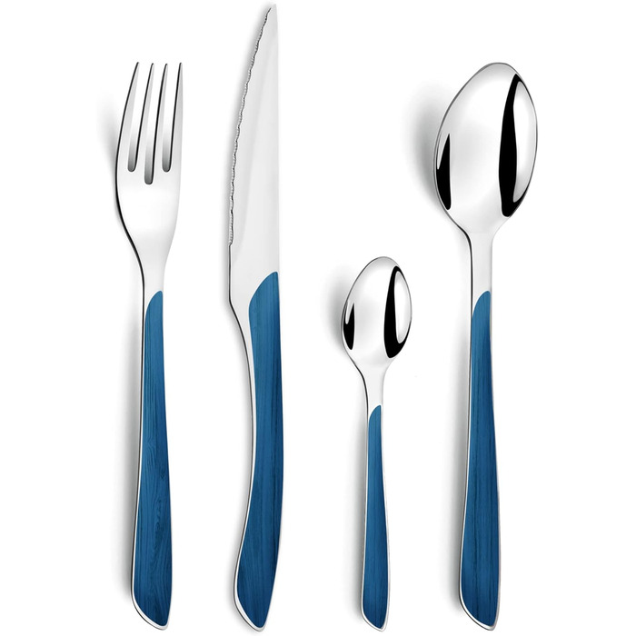 Набор столовых приборов Amefa ECLAT Nature, 24 предмета, набор столовых приборов на 6 человек, коричневые пластиковые ручки под дерево, можно мыть в посудомоечной машине, столовые приборы из нержавеющей стали, светлое дерево (синее дерево)