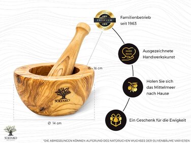 Оливковая ступка и набор пестиков - Ступка - Деревянная ступка - Экологичная ступка для трав и специй Диаметр ок. 12 см (в расплющенном виде Ø 14 см)