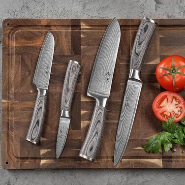 Набір ножів з дамаської сталі Wakoli Edib з 4 предметів, гострі леза від 8 до 18 см, набір кухонних ножів преміум-класу з 67 шарів дамаської сталі з ручками з дерева пакка, набір кухонних ножів преміум-класу з дамаської сталі та професійний шеф-кухарський
