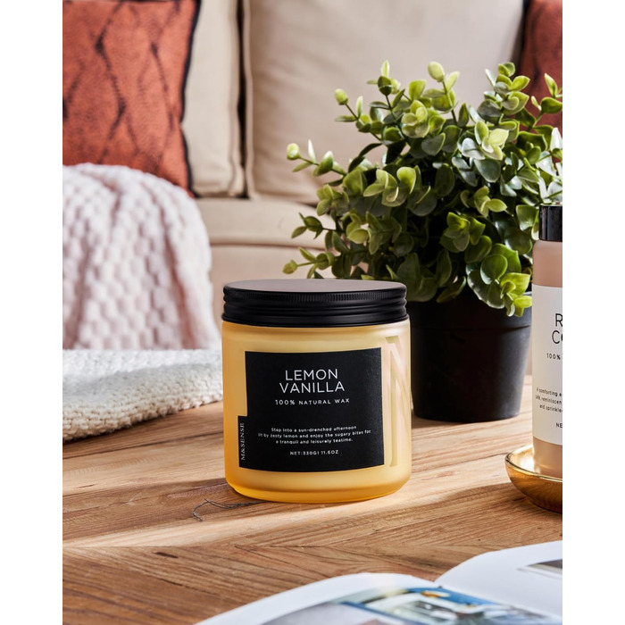 Ароматичні свічки M&SENSE з кавою у скляній банці з 2 гнітами 330 г, час горіння 70 годин, свічка з натурального соєвого воску для спальні, кухні, декору дому, подарункова свічка для чоловіків та жінок, смажена кава (лимон та ваніль)