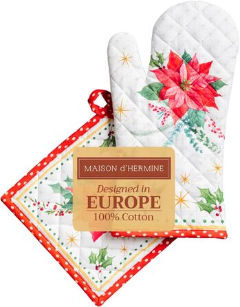 Рукавички для духовки Maison d&39 Hermine, Прихватки для каструль, 100 бавовна, термостійкі кухонні рукавички, рукавички для духовки (19 x 33 см) та прихватки для каструль (20 x 20 см) для приготування їжі, Morzine - Рукавички для духовки (19 x 33 см) та 