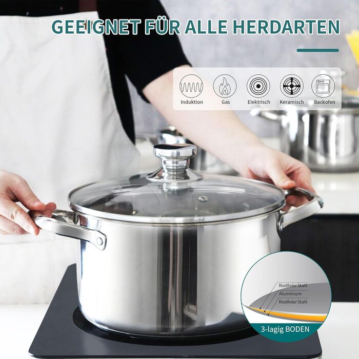 Набір каструль з нержавіючої сталі зі скляними кришками, 7 предметів Fuexmotco