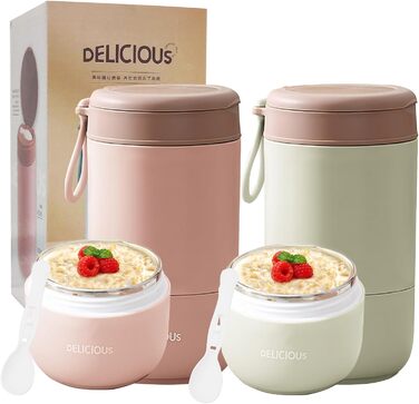 Стаканчик для пластівців Chedin з кришкою, стаканчик для каші з нержавіючої сталі 730 мл, герметичний стаканчик для йогурту з ложкою та кришкою, двошарові герметичні банки для консервування, ідеально підходять для роботи (рожевий зелений)