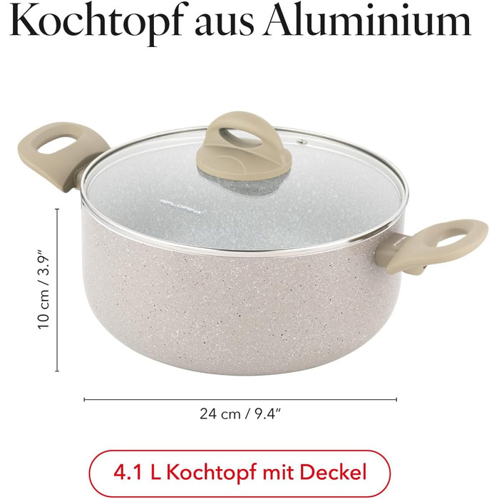 Алюмінієва каструля FLORINA 16 см 1,6 л Підходить для індукції Керамічне покриття, стійке до подряпин М&39яка ручка під дерево Термостійка Для всіх варильних поверхонь Легко миється (ISLA, 4,1 л - 24 см)
