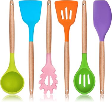 Набір кухонного посуду Herogo, набір силіконового кухонного посуду, посуд для ложки з антипригарним шпателем з дерев'яною ручкою, термостійкі кухонні інструменти для посуду з антипригарним покриттям, легко чистити (різнокольоровий, 6)
