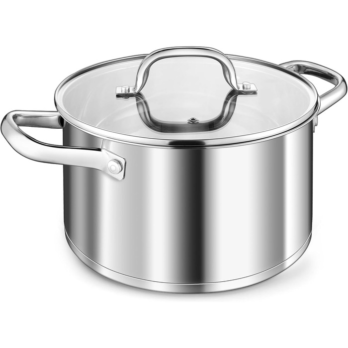 Велика каструля TEAMFAR, каструля з нержавіючої сталі, індукційна каструля, скляна кришка, 3-шарове дно для всіх типів плит, каструля для пасти 26 см, каструля для м&39яса, без покриття та нетоксична, можна мити в посудомийній машині (4,7 літра)