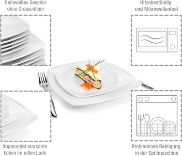 ПЕВЕЦ Набор тарелок Striking 18 предметов, набор фарфоровой посуды на 6 персон, сейф для посудомоечной машины, столовая посуда с обеденными тарелками и глубокими тарелками, квадратная посуда белая, столовый сервиз современный столовый сервиз 18 предметов