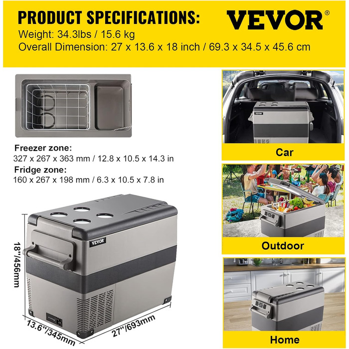 Автомобільний холодильник VEVOR 35L, компресорний холодильник, коробка-холодильник з нержавіючої сталі, ізольована коробка для свят, міні-холодильник, автомобільний холодильник з розеткою 35L (45L)