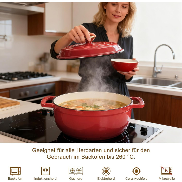 Чавунна жаровня 5,7 л з кришкою 28 см, червона LEADZM
