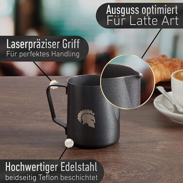 Глечик для молока Barista Legends з нержавіючої сталі 350 мл зі спеціальним носиком для лате-арту - Глечик для спінювання молока з високим глянцевим покриттям - Глечик для молока Barista з нержавіючої сталі - Аксесуари Barista (чорний 350 мл)