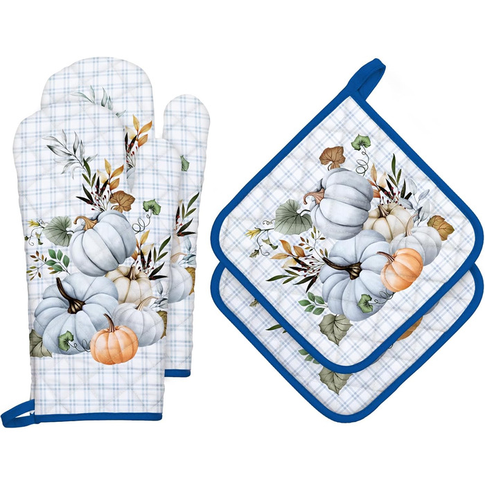 Набір з 2 кухонних рукавиць Arquiel з тримачем для каструлі Gnome Autumn Orange Checked, 100 бавовняні кулінарні рукавички, термостійкі кухонні рукавички для приготування їжі, осінній декор, подарунки для жінок (осінній гарбуз, 2 кухонні рукавички 2 трима