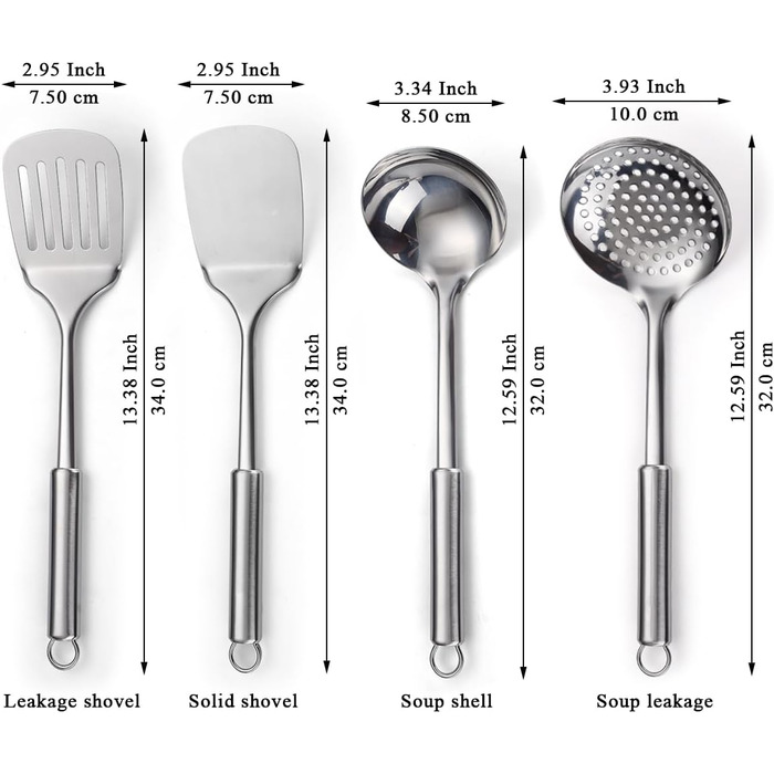 Набір кухонного начиння ReaNea з нержавіючої сталі, 4 предмети, кухонний набір інструментів включає набір металевих шпателів, кухонну шумівку, ополоник, необхідні кухонні помічники, необхідні для нового дому. 4 предмети