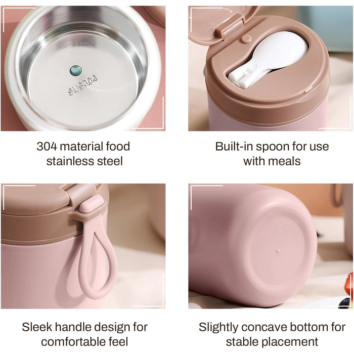 Герметичний ізольований харчовий контейнер, термоконтейнер, нержавіюча сталь, вакуумний харчовий контейнер з ложкою, для школи, роботи, пікніка (одношаровий) (рожевий)