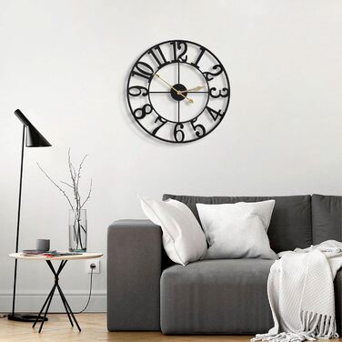 Великий круглий металевий настінний годинник у вінтажному стилі, безшумний, не цокаючий, працює від батареї, 40 см, 16 дюймів, римські цифри, годинники для вітальні, спальні, кухні, настінний годинник-прикраса (чорні арабські цифри, 40 см)