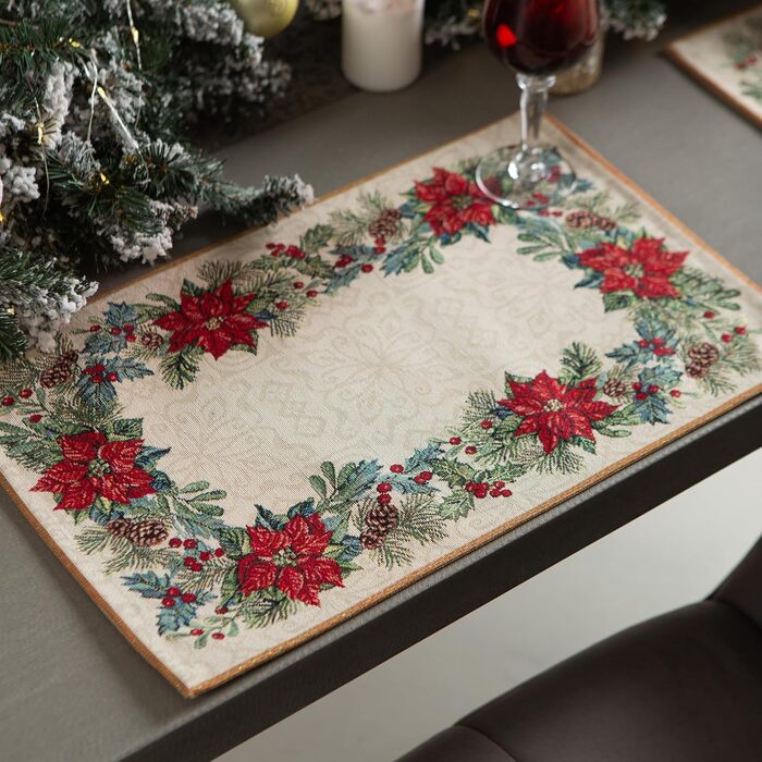 Дім різдвяної гобеленової різдвяної скатертини Скатертина на Різдво та Новий рік (Пуансетія з сосновими шишками (блискуча), серветка 35x45 см)