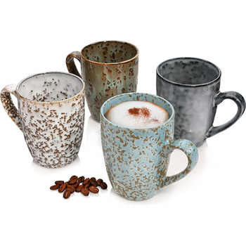 Набір кавових кухлів Singer Athens Набір кухлів із 4 предметів для 4 кераміки, чайної кружки, розширюваний, з ручкою, повсякденний, спеціальний сніданок, бранч, набір кухлів на відкритому повітрі Кавова кружка 300 мл 4 шт.