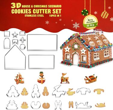 Форма для печива з пряникового будиночка, різдвяний пряниковий будиночок, різдвяна формочка для печива, форма для випічки своїми руками, різдвяна форма з нержавіючої сталі, різдвяний будиночок (18 шт./будиночок, сніговик, олень, сани)