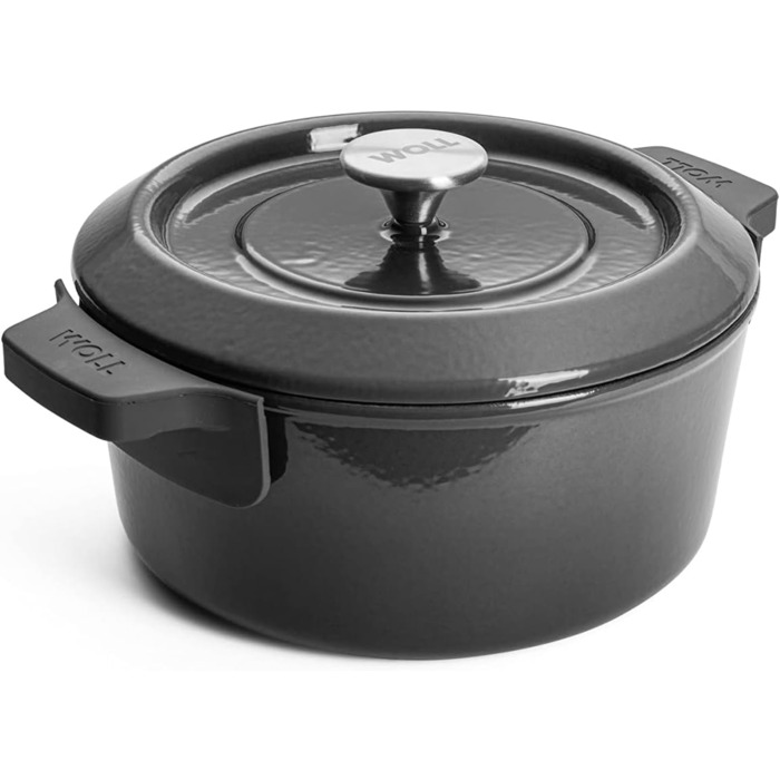 Чавунна каструля Ø 24 см, синього кольору, з кришкою та силіконовими ручками Емальований чавун, підходить для індукції та духовки для всіх типів плит Ø 24 см, висота 11 см, 4,2 літра (сіра, Ø 24 см, висота 11 см, 4,2 літра)