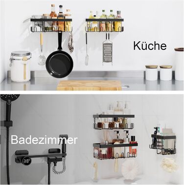 В-1 Покращена полиця для душу з нержавіючої сталі Вантажопідйомність 15 кг Потовщення 10 мм Висота 6 см 22 гачки Нержавіючий органайзер для кутової полиці для душу, без свердління - міцні клейкі прокладки, чорний (чорний), 3-