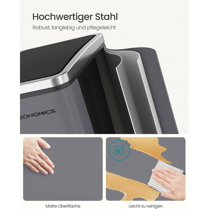 Кухонний кошик для сміття SONGMICS, 3 x 18 л, система розділення сміття з 3 відділеннями, включаючи 15 мішків для сміття, відро для сміття, відро для сміття з педаллю, для вторинної переробки, органічні відходи, з кришкою, LTB54BK (матово-сірий)