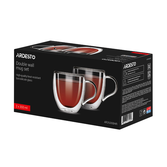 ARDESTO Набор чашек с двустенными ручками, 300 мл, H 9,2 см, 2 шт, боросиликатное стекло