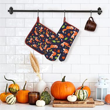 Набір з 2 кухонних рукавиць Arquiel з тримачем для каструлі Gnome Autumn Orange Checked, 100 бавовняні кулінарні рукавички, термостійкі кухонні рукавички для приготування їжі, осінній декор, подарунки для жінок (осіння лисиця, духовка тримач для каструлі)