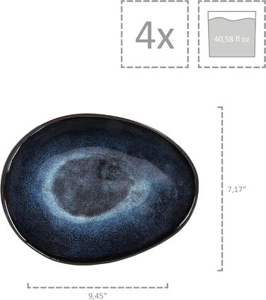 СПІВАЧКА Тарілка для пасти Токіо 4 шт., Тарілка для спагетті 4 персони, Набір посуду з кераміки Макарони, Тарілка з локшиною Можна мити в посудомийній машині, Миска для макаронів ручної роботи, Миска для макаронів синьо-чорна з коричневими вставками Набір