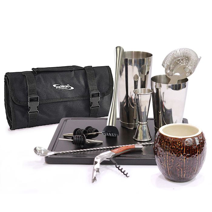 Набор бармена с сумкой, 12 предметов, сатинированная сталь, GenWare + ПОДАРОК бокал TIKI