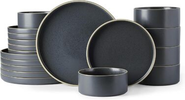 Набір посуду LeRatio для 6 осіб, 18-предметний набір керамічного посуду, керамічна миска та тарілка, стійкі до подряпин (18-предметний набір, антрацитово-сіро-білий обідок з цятками)