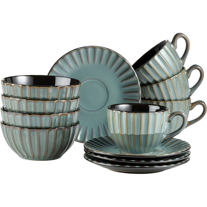 Набор посуды MSER серии 931966 Confino на 4 персоны в современном винтажном стиле, Сервиз для завтрака из 12 предметов из керамики бирюзового цвета с черными акцентами, Сервиз для кофе из керамогранита Teal