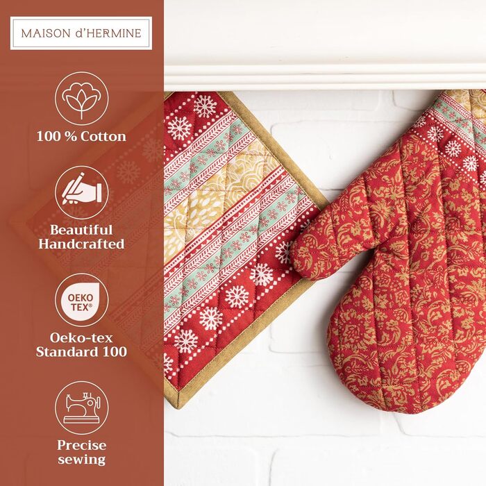 Рукавички для духовки, прихватки для каструль Maison d&39 Hermine, 100 бавовна, термостійкі кухонні рукавички, рукавички для духовки (19 x 33 см) та прихватки для каструль (20 x 20 см) для приготування їжі, Morzine - Рукавички для духовки (19 x 33 см) та 