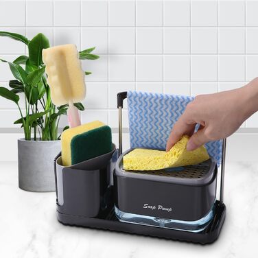 Кухонний набір з дозатором рідини для миття посуду, дозатор мила кухонний з лотком і тримачем для губки, засіб для миття багаторазового використання, підходить для кухонної мийки (кухонний набір з дозатором рідини для миття посуду)
