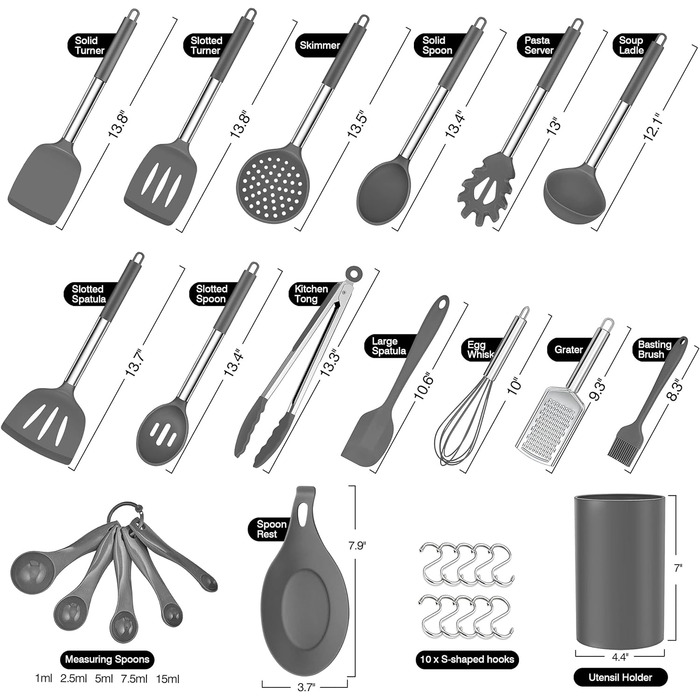 Набор кухонной утвари Herogo из 30 предметов с держателем, набор силиконовой кухонной утвари с ручкой из нержавеющей стали, жаропрочная кухонная утварь, можно мыть в посудомоечной машине, (серый)