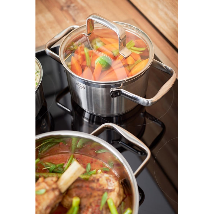 Універсальний набір каструль RSLE CHARM високої якості з 3 каструлями та 1 каструлею, нержавіюча сталь 18/10, скляна кришка, внутрішня вага, підходить для індукційних плит, можна мити в посудомийній машині (24 см, каструля)