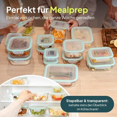 Скляні контейнери uandu з кришками, набір з 10 предметів, банки для приготування їжі, скляні контейнери для зберігання продуктів з кришками, набір скляних банок з кришками, скляні коробки для приготування їжі (зелені, набір з 15 шт. )