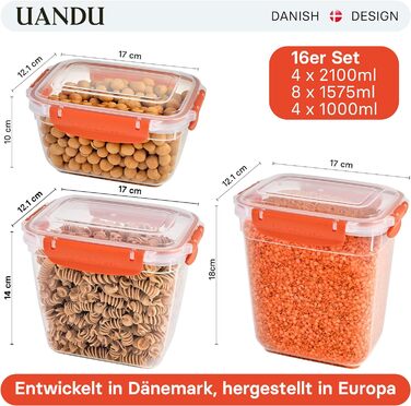 Набір банок для зберігання uandu Lock & Fresh 16, контейнери для зберігання харчових продуктів з кришками для харчових продуктів, мікрохвильова піч і морозильна камера, банки для зберігання з кришками, ящик для зберігання кухні, банки для зберігання герме