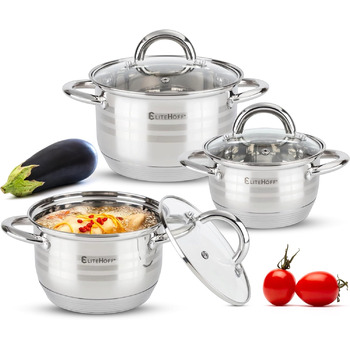 Набір з 3 каструль з нержавіючої сталі зі скляними кришками, 6 предметів E-4303 EliteHoff